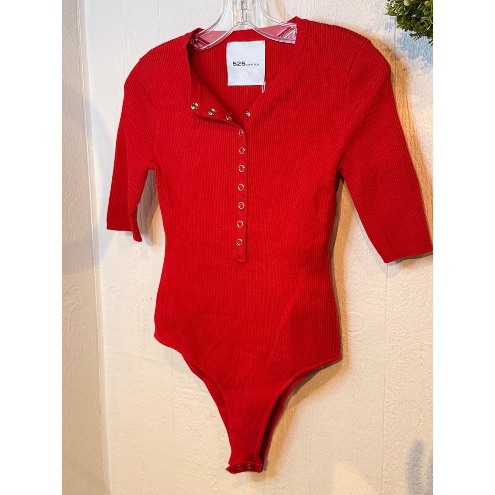 525 America Red Ribbed Henley Bodysuit Elbow Sleeve Cotton Snap Front